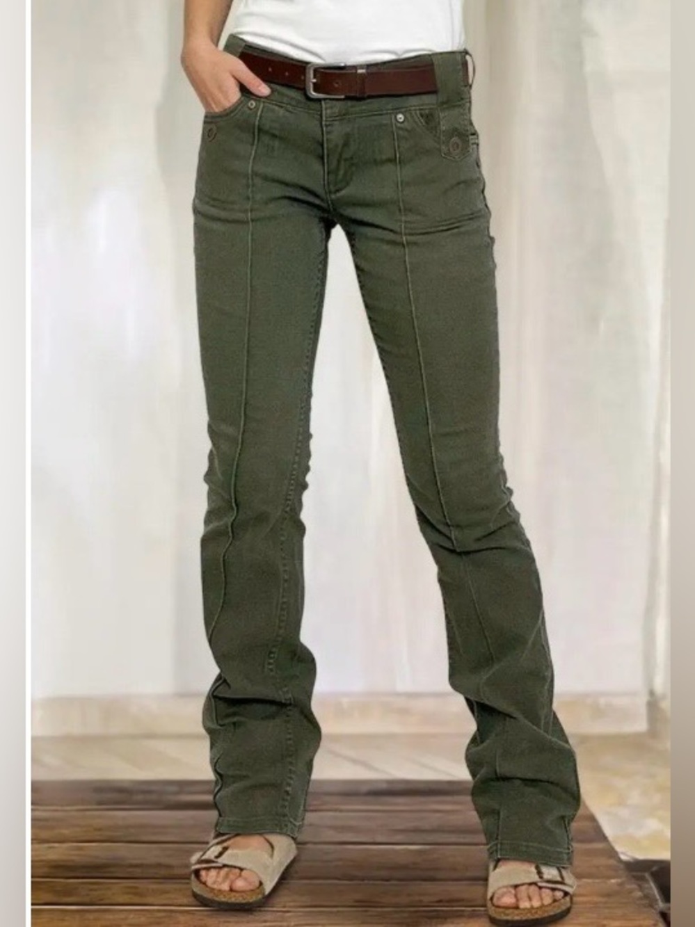 Flamingals Stitch Detail Mid Waist Bootcut Jeans in Army Green